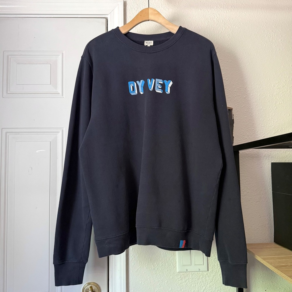 KULE men's navy blue cotton oy vey oversized crew neck pullover sweater